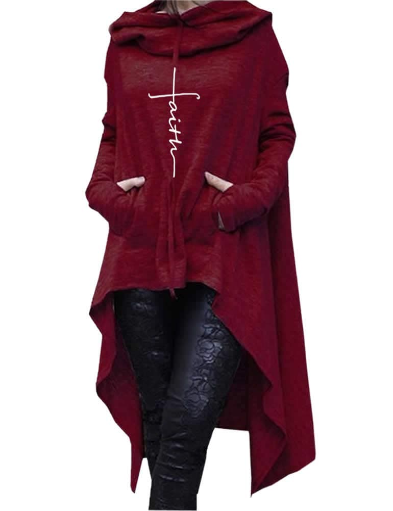 Faith Print Long Sleeve Loose Casual Pullovers Irregular Hem Long Hoodies for Women