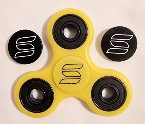 Top-Quality Fidget Tri-Spinner Toy with Extra Included Finger Pads and Hybrid Ceramic Bearings (Yellow with Extra Black Finger Pads)