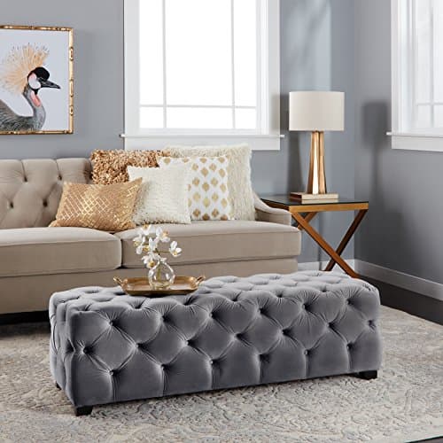 Mattsglobal Glamorous Piper Tufted Velvet Fabric Rectangle Ottoman Bench (Grey)