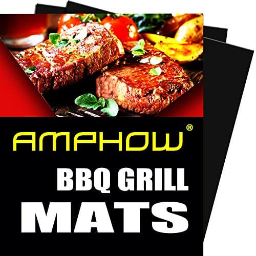 2 PCS BBQ Grill Mat - AMPHOW Durable Non-Stick Heat Resistant Fireproof Grilling Mats ,Use for Meat, Veggies, Seafood, Set of 2, with A Cleaning Brush, Black