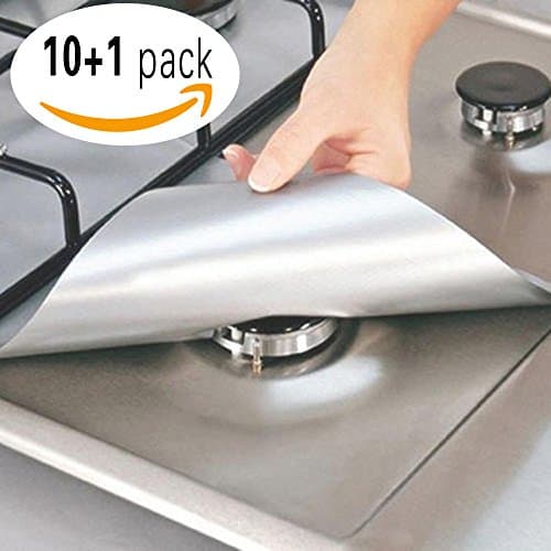10 +1 Gas Range Protectors, Larvin Torria Reusable Non-Stick Double Thickness Stove Burner Liner Cover, Cuttable in Different Sizes, FDA Approved and BPA Free, Made of PTFE and Heat Resistant(Silver)