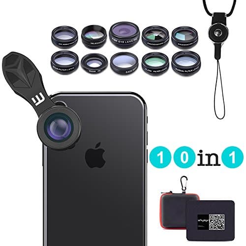 10 in 1 Clip-on Cell Phone Camera Lens Kit, Whyzyv iPhone & Smartphone Lenses and Filters: Fisheye, Wide angle, Macro 15x, Telephoto 2x, CPL Polarized, Kaleidoscope, Flow, Radial, Star