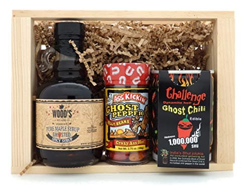 Sweet and Spicy Gift Set Ghost Pepper Jellybeans Ghosted Maple Syrup and Ghost Pepper Plant Growing Kit - in Wooden Gift Crate