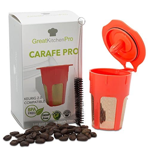 24K Gold Reusable K-Carafe Filter Bundle, Coffee K-Cup for Keurig 2.0, Compatible w/ Carafe 2.0 Coffee Machines, Keurig Filter, Keurig Carafe K Cups, Keurig 2.0 Reusable Coffee Filter + Cleaning Brush