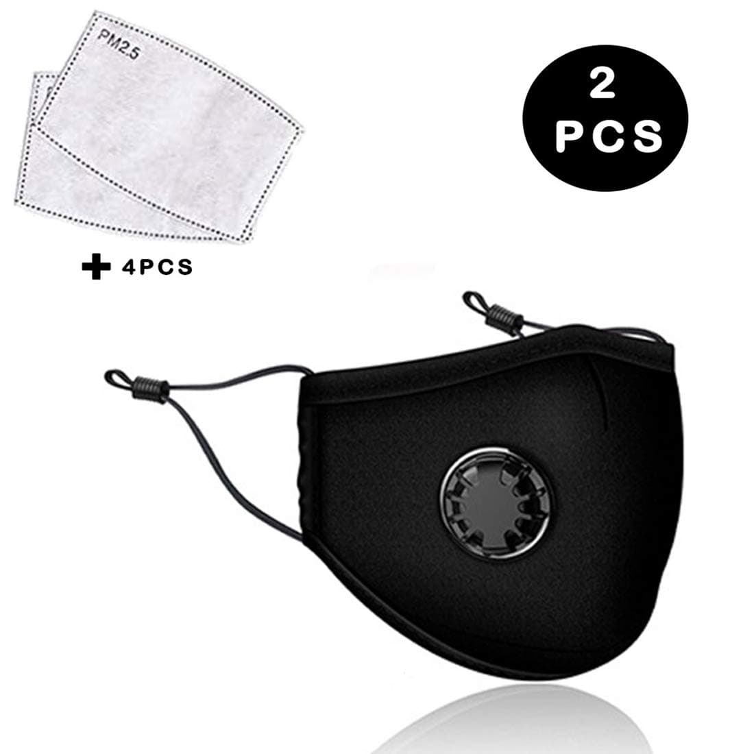 2PC + 4Filter Polyester and Cotton Windproof Foggy Haze Reusable Dustproof, Washable, Reusable Black