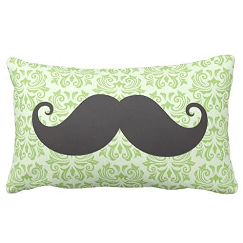 Black handlebar mustache on green damask pattern pillow 50% Cotton 50% Polyester 20 x 12 inches Pillowcase