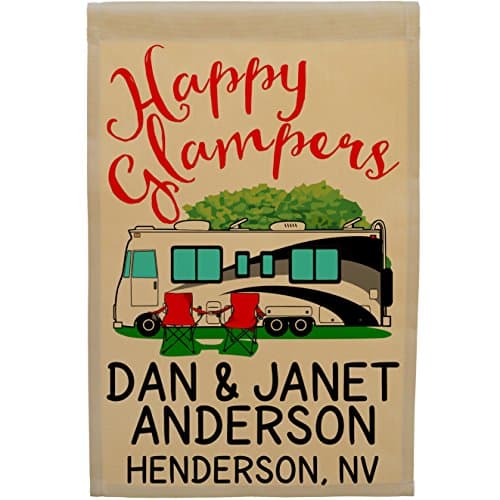 Happy Camper World, Personalized Class A Motorhome, Happy Glampers and 3 Additional Lines of Custom Text, Printed on Tan Fabric (Black/Gray Motorhome)