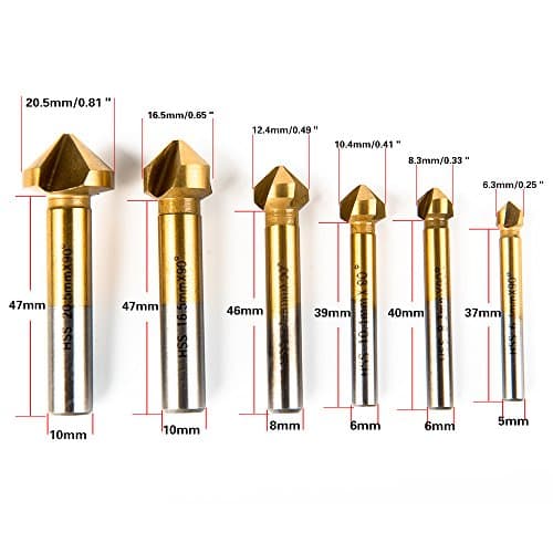 Wazaza 6pcs HSS Countersink Drill Bit Set 90 Degree 3 Flute Titanium Chamfer Cutter Mill Drill Bits