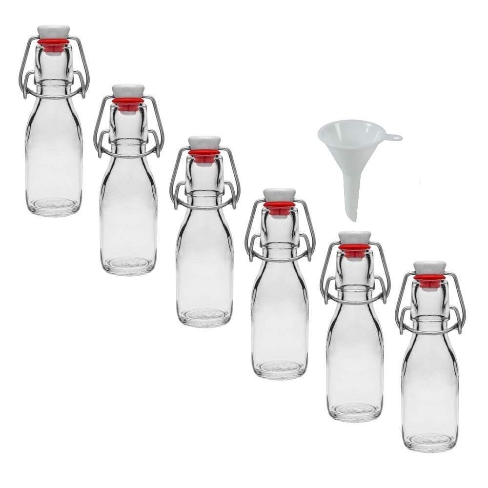 Small Glass Bottles with Swing Top 100 ml x6 for Self-Filling Including a White Tap-Funnel Diameter 5 cm