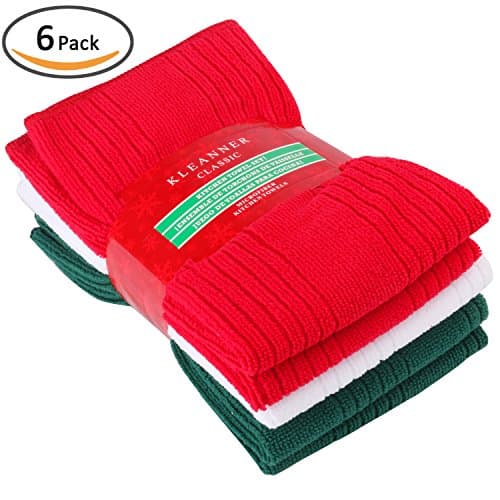 Kleanner Microfiber Classic Christmas Kitchen Dish Towel, Absorbent, Fast Dry, Decorative Winter Holiday Dish Cleaning Cloth, X- Max Color Green Red White, Set Of 6