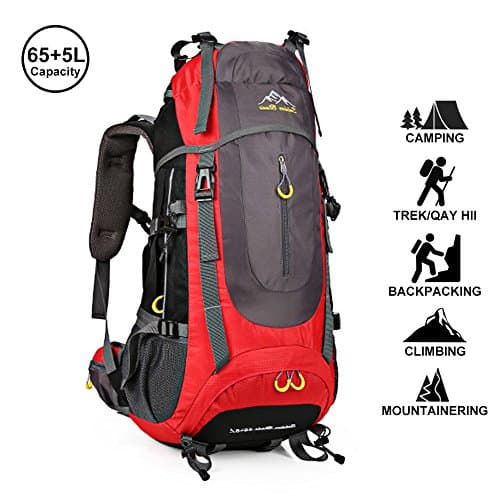 AMERIGUY 70L(65+5) Hiking Backpack Camping Backpack Foldable &amp; Packable for Outdoor Climbing and Travel,Mountaineering Backpack Waterproof for Men Women.(Red)