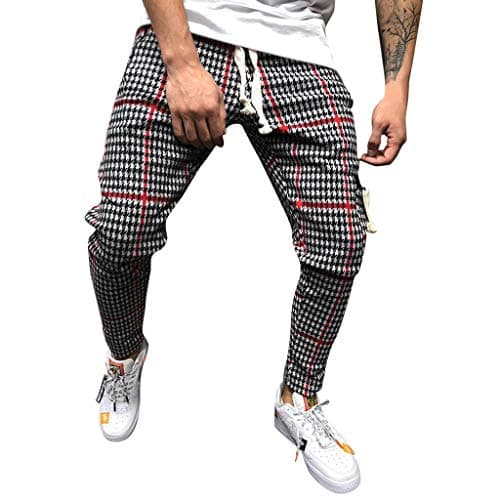 Mens Pants,2019 New Classic Drawstring Plaid Stripe Print Elastic Waist with Pocket
