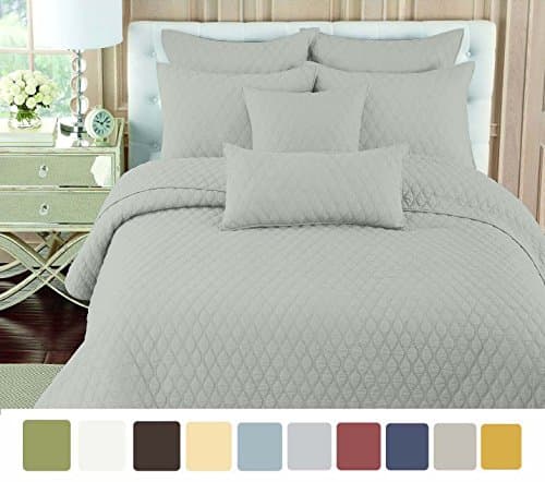 NC Home Fashions Double Ogee embroidered pattern solid color quilt set, King, Silver Gray