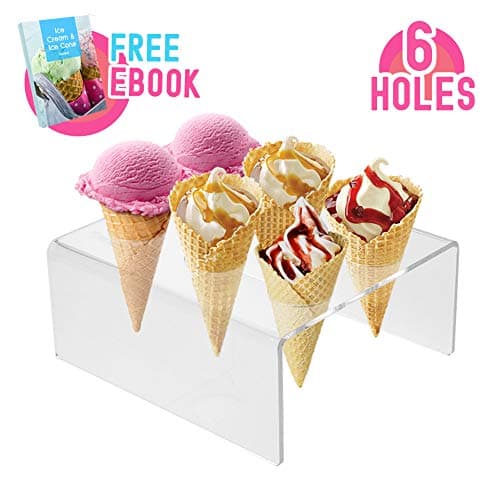 Ice Cream Cone Holder Stand with 6 Holes Capacity, Clear Acrylic Waffle Cone Holder for Ice Cream Cones Snow Cone Hand Roll Sushi Popcorn Sweets Savory, Ice Cream Recipe Ebook Included