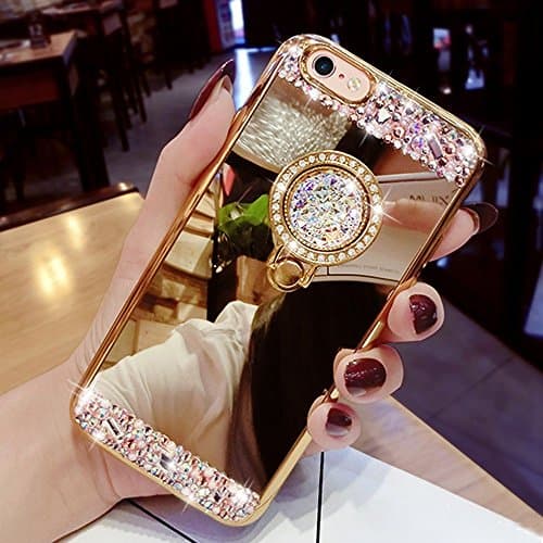iPhone SE Luxury Rhinestone Makeup Case,Auroralove iPhone 5/5s Handmade Bling Diamond Soft TPU Mirror Glass Case for Girls Women with Detachable Ring Stand-Gold