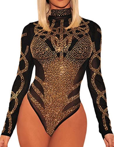 Red Dot Boutique 650 - Plus Size Sheer Mesh Rhinestones Long Sleeves Bodysuit