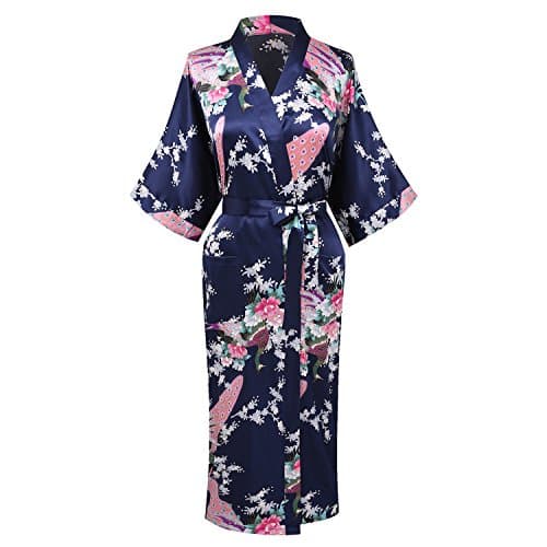 PC Long Kimono Robe with Peacock &amp; Blossoms Print for Women Red