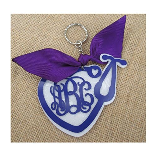 White Glitter Stethoscope Acrylic Monogrammed Keychain with Ribbon