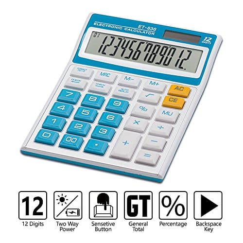Financial Calculator, Ebristar Standard Function Desktop Calculator, Solar Battery Dual Power Office Calculator with 12-Digit Large LCD Display and Large Buttons - Blue