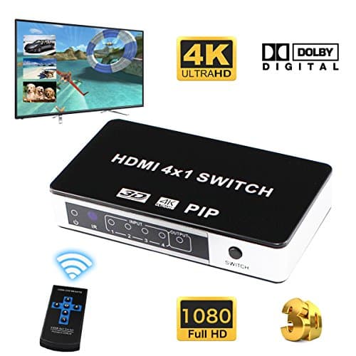 4 Port HDMI Switch, 4K x 2K HDMI Switcher with PIP Mode and IR Remote, Support 1080P 3D for Home Theater / Multimedia Presentation / HDTV / DVD / PS3 / PS4 / STB / Bluray Player etc