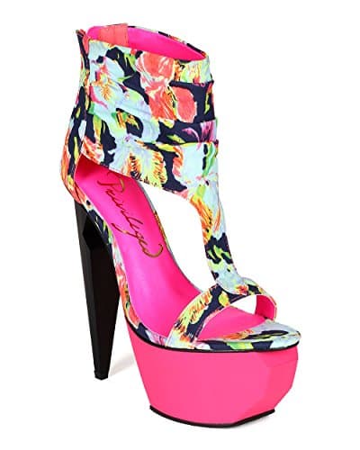 Women Floral Fabric T-Strap Ankle Cuff Angular Platform Lightening Bolt Heel CB14 - Pink Multi