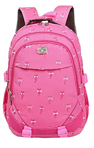 Kamabags Girl's Kitten Pattern Student Backpack Cute Outdoor Daypack (Rose red)