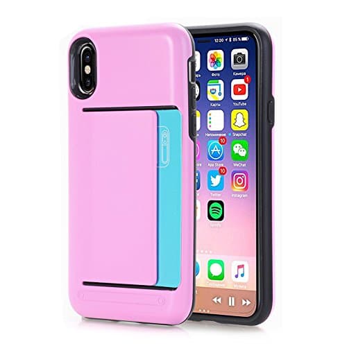 Phocas Minimalist Hard Back Protective Case Wallet, Card-Holder Designed for iPhone X / iPhone 10 (Bright Pink)
