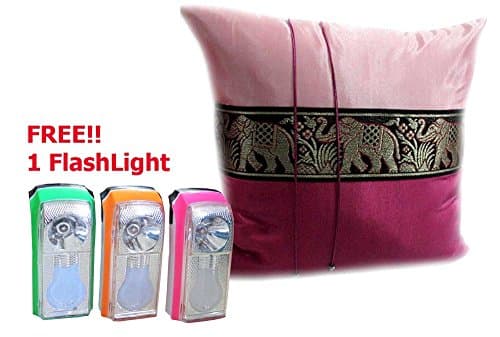 Honest Bee Presents. One Big Elephant Stripe Throw Cushion Cover/Pillow Case Thai Silk for Decorative Sofa, Car and Living Room Size 16 X 16 InchesFREE 1 Flash Light