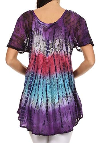 Wilton Marti Nice Relaxed Fit Sequin Tie Dye Embroidery Cap Sleeves Blouse / Top PurpleOne Size Plus