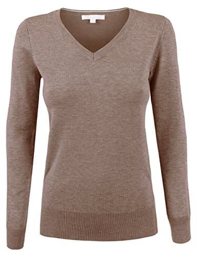 KOOLDO Womens Classic Solid V-Neck Long Sleeve Sweater-S-HEATHER_TAUPE