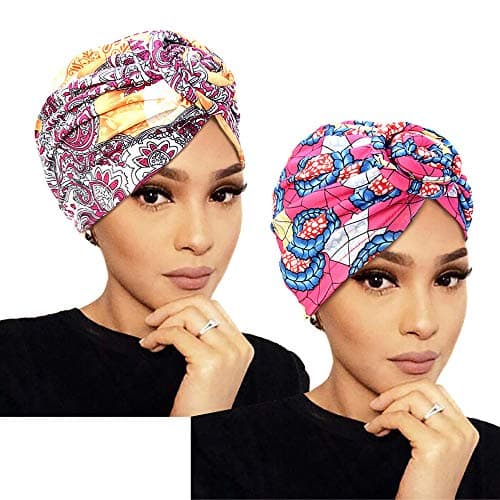Lvaiz 2 pcs Printed Turban African Pattern Knot Headwrap Beanie for Women Pre-Tied Bonnet Chemo Cap Hair Loss Hat