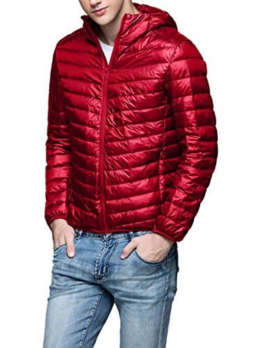 Men's Down Coat Hooded Packable Lightweight-Red-XL