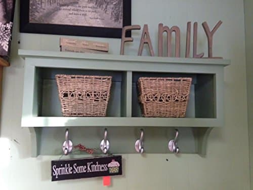 2 Cubby Wall Shelf Country Shelf for Baskets Bath Or Entryway W Hooks 30" Wide Green with Fancy Hooks