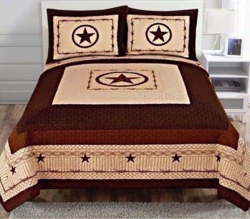 3 Piece Texas Western Star Design Quilt Bedspread Comforter Style (Oversize Queen/Full, Beige Star)