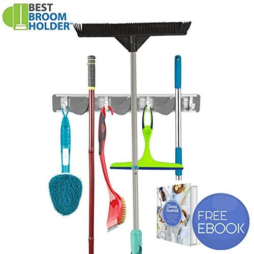 Mop Holder Wall Mount Broom Organizer Garage Tool Storage Rake Garden Hooks with 4 Hooks and 3 Position Up to 1.25" Handle - Quick Installation with Mounting Screws - E-Book Included