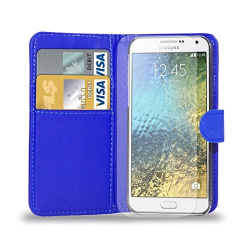 For Samsung Galaxy E7 - Leather Wallet Flip Case Cover Pouch + Screen Protector & Polishing Cloth (Blue)