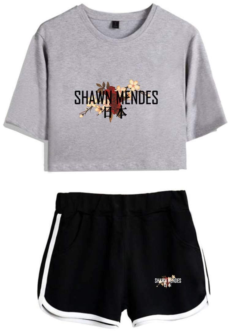 Silver Basic Womens T-Shirt with Shawn Mendes 98 Prints Crop Top & Short 2 Pieces
