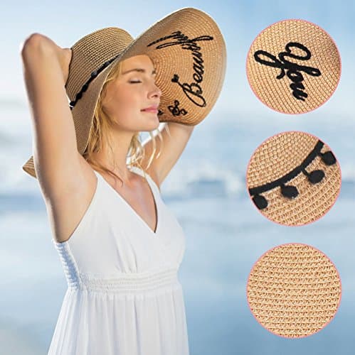 HooYL Beach Sun Hat - Floppy Summer Cap Straw Foldable Wide Brim Adjustable Hat with Ribbon Knot with Words for Women Grils