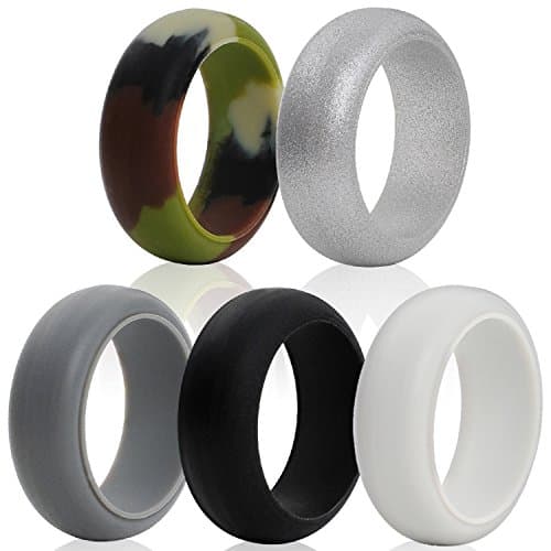Silicone Wedding Ring Wedding Band For Men-5 Rings Pack-Camo,Metal Look Silver,Gray,Black,Light Gray