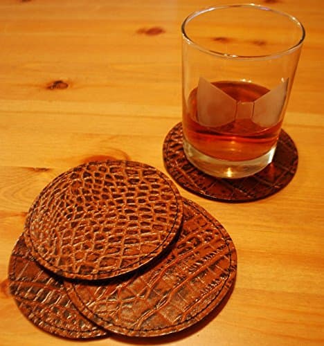 La Rosa Leather Coaster Set - 4 PCS Brown Alligator Round