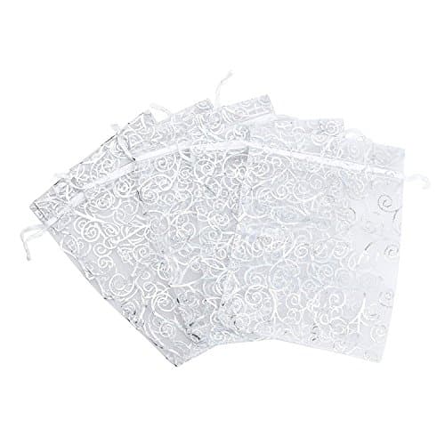 Wetco 100 Pcs 3.5 x 4.7" Organza Gift Bags with Drawstring Party Bags Candy Bags Jewelry Bags (Patterned Silver)