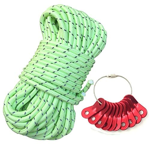 Glow in the Dark Luminous Reflective Guyline - 5mm 65.6ft/20m Highly Reflective Tent Rope With 10 Aluminum Adjusters / Tensioners (Green)