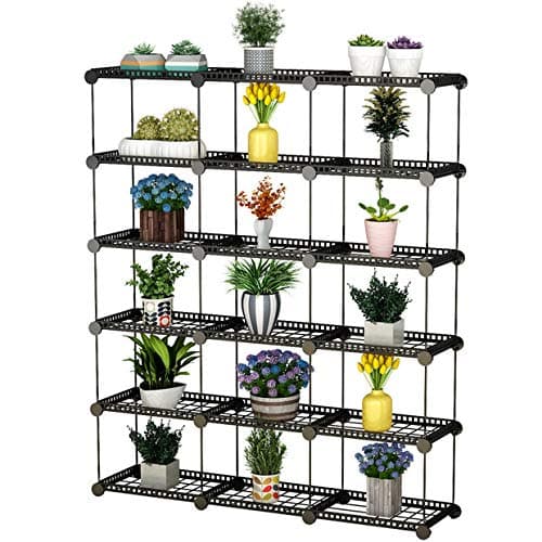 Koossy Portable Plant Stands Racks Custom Shaped Pot Shelf Standing Baker's Racks for Flowers Metal Shelving Unit for Green House Indoor Outdoor Multifunction Storage Organizer, 15-grid Black