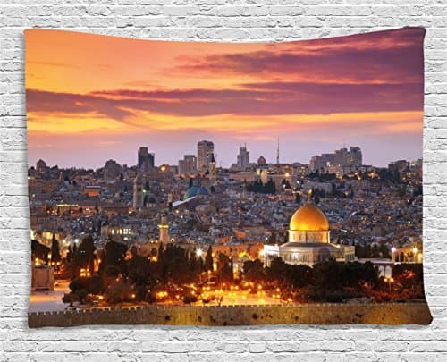 Landscape Tapestry, Ancient Old City Jerusalem Historical Religious Center Israel Twilight View, Wall Hanging for Bedroom Living Room Dorm, 60 W X 40 L Inches, Gold Coral Lilac