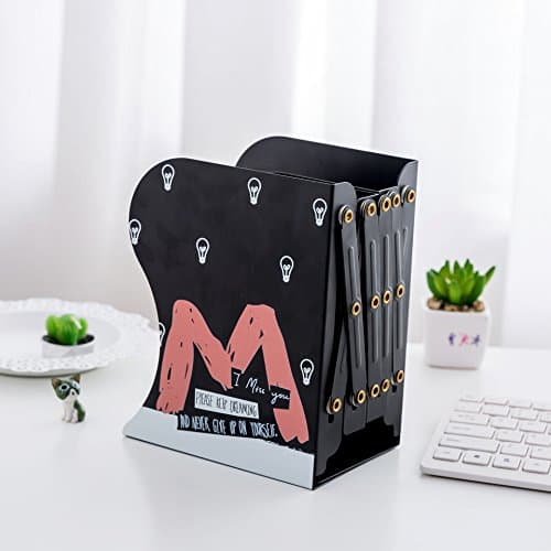 Cute Cartoon Alphabet Pattern Decorative Bookends Metal Heavy Duty Adjustable Book Holder Stable Book Stand Office Desk Organizer Shelf (Black-M)