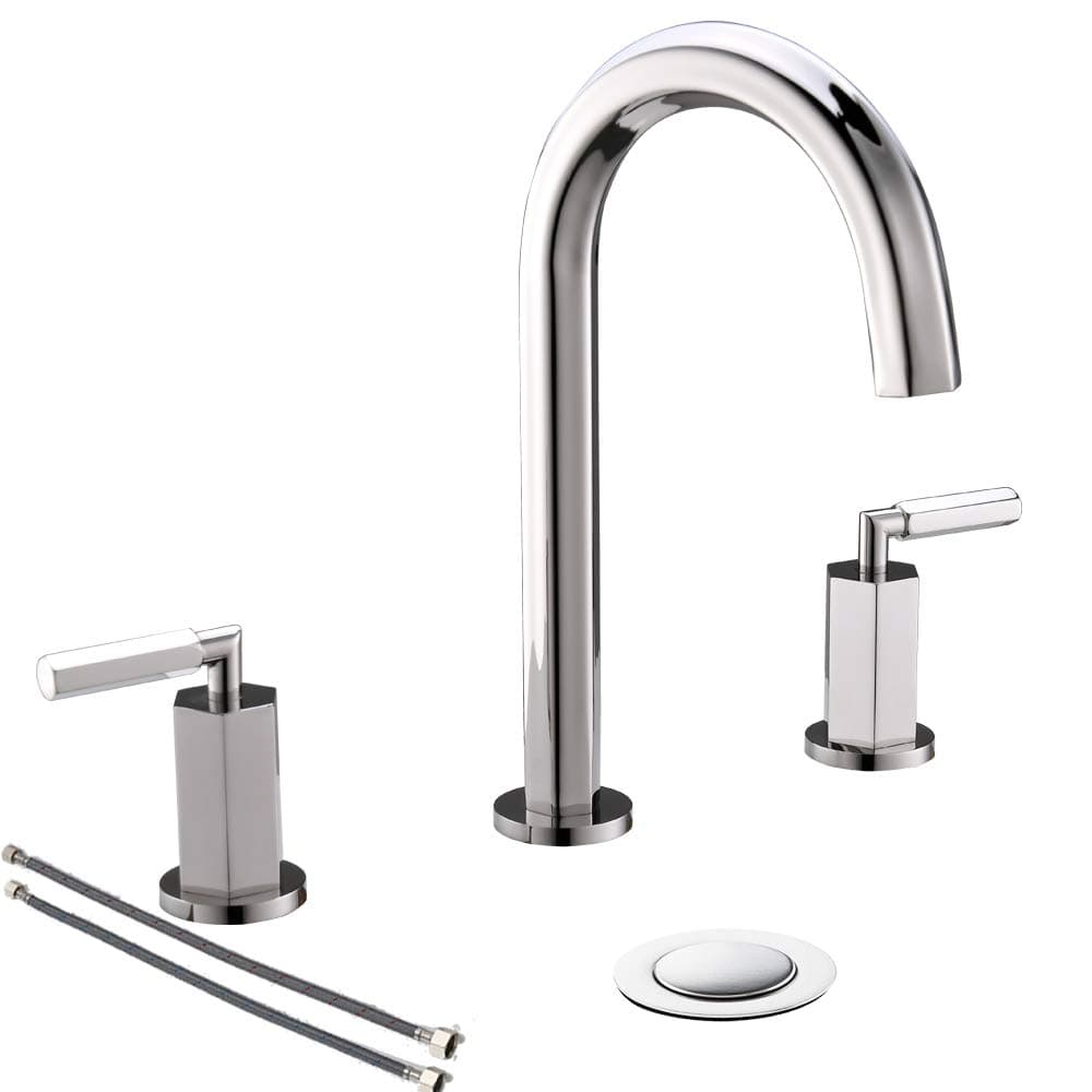 2 Handles 3 Holes High Arch Modern Polished Chrome Widespread Bathroom Faucet By Phiestina, Bathroom Sink Faucets With Stainless Steel Metal Pop Up Drain, NS-WF001-6-C