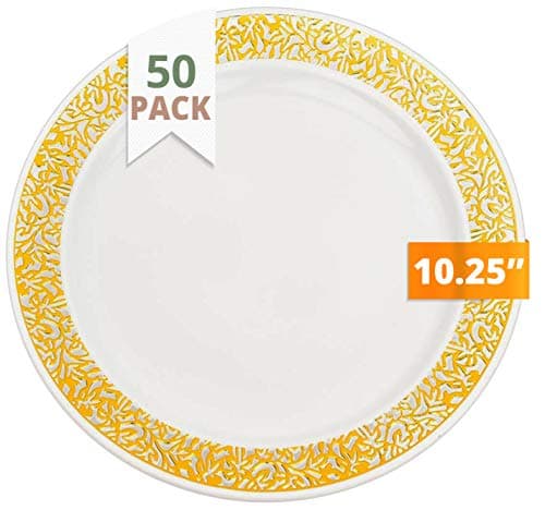 Party Joy ‘I Can’t Believe It’s Plastic’ 50-Piece Plastic Dinner Plate Set | Lace Collection | Heavy Duty Premium Plastic Plates for Wedding, Parties, Camping & More (White w/ Gold Lace)