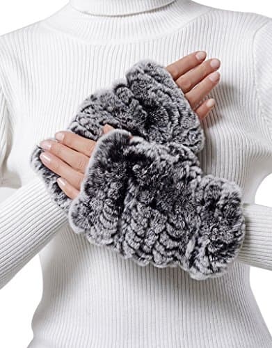 Nice Glory Women's Rex Rabbit Fur Fingerless Gloves Grey Snow-top