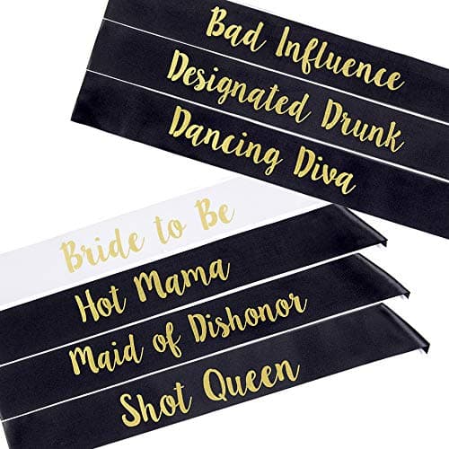 POP FIZZ DESIGNS Bachelorette Sash Set (7 pcs) 1 White Bride to Be Sash + 1 Maid of Honor Sash + 5 Bachelorette Sashes for The Bride Tribe - Amazing Bachelorette Party Favors