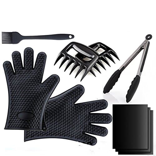 Iellevie Barbecue Tool Set 9 PCS,Pack of 2 Silicone Gloves,Pack of 3 Nonstick BBQ Mats,Pack of 2 Meat Shredder Claw,Silicone BBQ Tongs and Silicone Basting Grill Brush for Barbecue